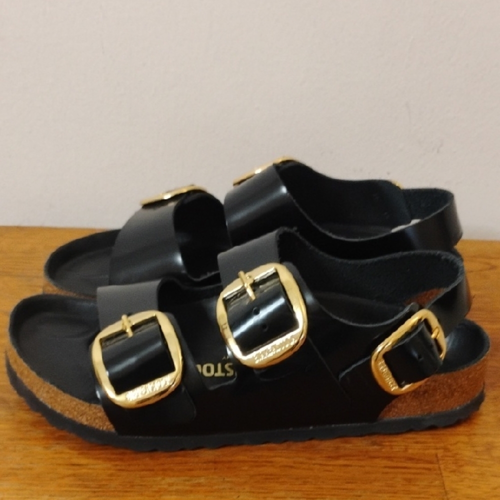 Birkenstock Black Sandals with Gold Buckles